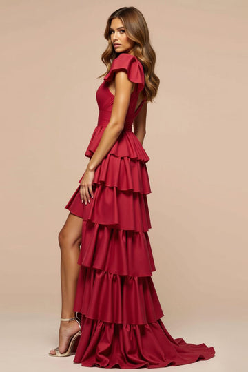 Dark Red A-Line Deep V Neck Ruffled Satin Long Formal Dress with Slit
